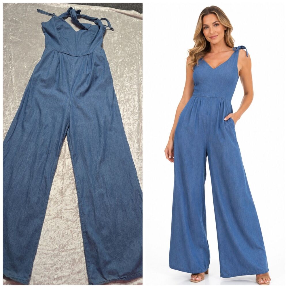 Lover's + Friends Gardenia Blue Wide-Leg Cotton Chambray Jumpsuit Size Large